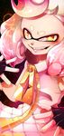  armpit_peek crown domino_mask dress fang fingerless_gloves gloves highres hime_(splatoon) invidiata looking_at_viewer mask mini_crown mole mole_under_mouth short_eyebrows short_hair sleeveless sleeveless_dress smile solo splatoon_(series) splatoon_2 teeth tentacle_hair yellow_eyes zipper zipper_pull_tab 