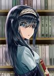  black_hair blue_eyes book bookshelf edelweiss_(wsparkz) hair_between_eyes hair_ornament headband idolmaster idolmaster_cinderella_girls long_hair long_sleeves looking_at_viewer open open_mouth sagisawa_fumika solo upper_body 