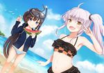  :d beach bikini black_hair blue_eyes breasts cleavage dargo day eating food frilled_bikini frills fruit holding holding_food holding_fruit kanon_(sennen_sensou_aigis) looking_at_viewer midriff multiple_girls navel open_mouth outdoors purple_hair rino_(sennen_sensou_aigis) sennen_sensou_aigis small_breasts smile snorkel striped striped_bikini swimsuit twintails v watermelon yellow_eyes 