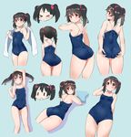  &gt;_&lt; :d :o adjusting_clothes adjusting_swimsuit aqua_background arm_above_head ass bare_arms bare_legs black_hair blue_swimsuit commentary competition_school_swimsuit covered_navel facing_away from_behind hair_ornament hair_scrunchie highres kickboard kurokawa_makoto looking_at_viewer love_live! love_live!_school_idol_project lying multiple_views on_stomach one-piece_swimsuit open_mouth profile red_eyes red_scrunchie school_swimsuit scrunchie shiny shiny_hair simple_background smile swimsuit twintails xd yazawa_nico 