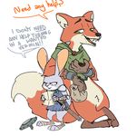  anthro armor barefoot canine chain cloak clothed clothing crossover dialogue disney duo eating english_text fangs featureless_crotch female fox frustrated green_eyes half-closed_eyes hi_res judy_hopps lagomorph male mammal melee_weapon nick_wilde nobby_(artist) purple_eyes rabbit redwall shield smug sword text weapon zootopia 