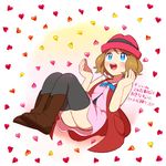  black_legwear blue_eyes boots brown_footwear brown_hair floating hat heart looking_up moyori pokemon pokemon_(anime) pokemon_xy_(anime) serena_(pokemon) short_hair sleeveless_duster smile solo thighhighs 