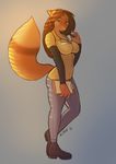  2016 anthro blue_eyes breasts brown_hair canine cleavage clothed clothing female fox hair hi_res mammal simple_background solo standing wide_hips woadedfox 