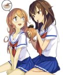  2girls blue_eyes blue_skirt brown_eyes brown_hair hair_down high_school_fleet highres kuroki_hiromi long_hair minutachi mouth_hold multiple_girls neckerchief orange_hair pleated_skirt red_neckwear sailor_collar school_uniform serafuku short_sleeves simple_background skirt wavy_hair white_background white_sailor_collar yanagiwara_maron yokosuka_girls_marine_high_school_uniform 