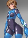  1girl brown_hair cowboy_shot curvy female hajime_shindo latex long_sleeves looking_at_viewer nipples shiny_skin short_hair small_breasts solo thong yu-gi-oh! yuu-gi-ou_vrains zaizen_aoi 