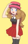  blue_eyes bow brown_hair hand_on_headwear hand_on_thigh hat hat_bow long_hair looking_at_viewer moyori pokemon pokemon_(anime) pokemon_xy_(anime) serena_(pokemon) simple_background skirt smile solo thighhighs yellow_background 