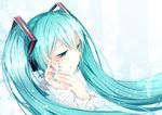  agonasubi blue_eyes blue_hair blue_nails blush cursor electric_angel_(vocaloid) floating_hair hair_between_eyes hair_ornament hatsune_miku headphones long_hair nail_polish portrait smile solo twintails very_long_hair vocaloid 