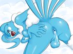  altaria anus balls blue_feathers breasts cum cum_in_ass cum_inside cum_on_balls dickgirl feathers hand_on_butt intersex looking_at_viewer looking_back nintendo nude pok&eacute;mon presenting presenting_anus shadowill side_boob solo tongue video_games 