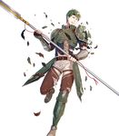  armor armored_boots belt boots broken_armor clenched_teeth closed_eyes elbow_pads fingerless_gloves fire_emblem fire_emblem:_souen_no_kiseki fire_emblem_heroes full_body gloves green_hair hako_ichiiro highres holding holding_weapon male_focus official_art oscar pants polearm shoulder_armor solo spaulders spear teeth torn_clothes transparent_background weapon 