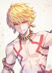 :d bangs blonde_hair chain commentary_request earrings enkidu_(weapon) eyebrows_visible_through_hair fate/grand_order fate_(series) gilgamesh grin highres hoshizaki_reita jewelry looking_at_viewer male_focus necklace nude open_mouth parted_lips red_eyes smile solo tattoo upper_body v-shaped_eyebrows 