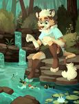  2017 4_toes 5_fingers ambiguous_gender animated anthro arm_tuft blue_clothing blue_topwear brown_bottomwear brown_clothing brown_fur brown_nose brown_tail bushes cheek_tuft claws clothed clothing creek crumbs digital_media_(artwork) digital_painting_(artwork) eating feeding feline feral fish flemkid flower food forest front_view full-length_portrait fully_clothed fur gloves_(marking) grass green_eyes grey_claws group head_tuft hindpaw holding_food holding_object humanoid_hands inner_ear_fluff koi leg_tuft lily_pad lion looking_down loop male mammal marine markings multicolored_fur multicolored_tail nature neck_tuft nude orange_fur orange_tail paws plant pond portrait sandwich_(disambiguation) shirt shorts sitting smile socks_(marking) solo_focus swimming tail_tuft toe_claws toeless_(marking) toes touching_water tree tuft water waterfall white_fur white_tail 