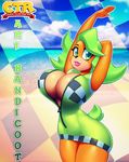 2017 5_singers ami_bandicoot anthro bandicoot beach big_breasts biped black_nose bouncing_breasts breasts character_name checkered_background cleavage clothed clothing cloud crash_bandicoot_(series) crash_team_racing digital_drawing_(artwork) digital_media_(artwork) dress english_text eyelashes female front_view green_clothing green_eyes green_hair green_tail hair hand_behind_head huge_breasts humanoid_hands legs_together logo looking_at_viewer mammal marsupial nitro orange_body outline pattern_background pinup portrait pose raised_arm sea seaside short_dress short_hair short_tail simple_background sky slim smile solo standing stretching tan_body text three-quarter_portrait tight_clothing two_tone_body unzipped video_games voluptuous water zipper 