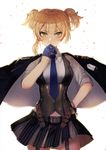  asymmetrical_hair bangs belt blue_gloves blue_neckwear blue_skirt blunt_bangs breasts closed_mouth collared_shirt cowboy_shot dress_shirt eyebrows_visible_through_hair garter_straps girls_frontline gloves half_gloves hanato_(seonoaiko) hand_on_hip hand_up jacket_on_shoulders looking_at_viewer medium_breasts necktie pleated_skirt serious shirt short_twintails simple_background skirt solo striped striped_skirt tsurime twintails twitter_username vest welrod_mk2_(girls_frontline) white_background white_shirt 