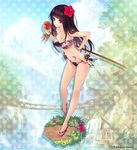  bare_legs bare_shoulders bikini black_hair bokken bow bracelet breasts cleavage cliff cloud company_name day floral_print flower groin hair_flower hair_ornament hibiscus holding holding_sword holding_weapon house jewelry lake long_legs looking_at_viewer mango masamune_(phantom_of_the_kill) medium_breasts navel official_art phantom_of_the_kill purple_eyes rope_bridge sandals shadow sky smile solo strapless strapless_bikini summer swimsuit sword tattoo tree water waterfall weapon wooden_sword 