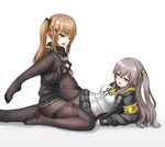  absurdres arm_support armband bangs black_bow black_legwear black_skirt bow brown_eyes brown_hair clothed_sex commentary_request crossed_bangs eye_contact fingerless_gloves girls_frontline gloves grey_hair hair_bow hair_ornament hairclip half-closed_eyes highres jacket leg_hold long_hair looking_at_another lying miniskirt multiple_girls no_shoes on_back one_side_up open_clothes open_jacket open_mouth panties panties_under_pantyhose pantyhose pleated_skirt purple_eyes scar scar_across_eye shirt sidelocks simple_background skirt thighs through_clothes tribadism ump45_(girls_frontline) ump9_(girls_frontline) underwear wavy_mouth white_background white_shirt yuri zofe 