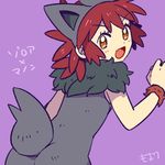  back brown_eyes cosplay fang from_behind gen_5_pokemon looking_at_viewer looking_back manon_(pokemon) moyori pokemon pokemon_(anime) pokemon_xy_(anime) purple_background red_hair short_hair simple_background solo zorua zorua_(cosplay) 