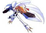  blue_eyes cannon cape claws clenched_hands commentary_request digimoji digimon fangs foreshortening helmet highres holding holding_sword holding_weapon horns looking_at_viewer monster no_humans omegamon open_mouth pen_(steelleets) simple_background sword weapon white_background white_cape 