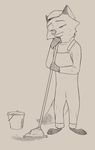  2017 anthro bucket canine clothed clothing disney fox frown fully_clothed fur gloves_(marking) grey_background half-closed_eyes janitor mammal markings mop nick_wilde sad simple_background socks_(marking) zootopia 