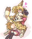  alternate_legwear animal_ears ass black_hair blonde_hair blush cowgirl_position girl_on_top heart hug kaban_(kemono_friends) kemono_friends multiple_girls no_panties pussy_juice seki_(red_shine) serval_(kemono_friends) serval_ears serval_print serval_tail short_hair shorts skirt skirt_lift straddling tail tail_lift thighhighs yellow_eyes yuri 