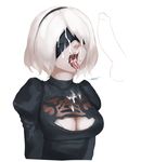  1boy 1girl artist_name black_hairband blindfold cleavage_cutout covered_eyes cum cum_in_mouth cum_on_tongue cum_on_upper_body disembodied_penis facial hairband nier_(series) nier_automata nose otonaru penis short_hair silver_hair testicles tongue_out white_background yorha_no._2_type_b 