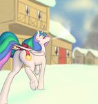  2015 breath butt cutie_mark equine feathered_wings feathers female feral friendship_is_magic fur hair hi_res hooves horn long_hair looking_at_viewer mammal multicolored_hair multicolored_tail my_little_pony northernsprint outside princess princess_celestia_(mlp) purple_eyes pussy ribbons royalty snow solo tail_bow tail_ribbon underhoof white_feathers white_fur winged_unicorn wings 