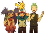  2boys apple arms_behind_head axew black_hair brown_eyes chewing dark_skin dent_(pokemon) food fruit gen_1_pokemon gen_5_pokemon green_hair iris_(pokemon) long_hair looking_at_viewer moyori multiple_boys pikachu pokemon pokemon_(anime) pokemon_(creature) pokemon_bw_(anime) purple_hair red_eyes satoshi_(pokemon) very_long_hair 