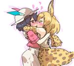  animal_ears black_hair blonde_hair blush closed_eyes colored_eyelashes french_kiss hat high-waist_skirt hug kaban_(kemono_friends) kemono_friends kiss multiple_girls seki_(red_shine) serval_(kemono_friends) serval_ears serval_print serval_tail shirt short_hair skirt t-shirt tail yuri 