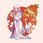  bird crane_(animal) dargo floral_background full_body himeji_(oshiro_project) japanese_clothes kimono looking_at_viewer oshiro_project oshiro_project_re pink_hair pixel_art purple_eyes uchikake 