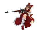  benikurage blush boots bow brown_eyes brown_gloves brown_hair closed_mouth cookie_(touhou) detached_sleeves dragunov_svd eyebrows_visible_through_hair gloves gun hair_bow hakurei_reimu highres holding holding_gun holding_weapon hundred-jpy knee_boots left-handed looking_away red_bow rifle scope short_hair smile sniper_rifle solo touhou trigger_discipline weapon white_footwear 