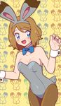  animal_ears blue_eyes blush bow bowtie breasts brown_hair bunnelby bunnelby_(cosplay) bunny_ears bunny_girl bunnysuit cleavage cosplay embarrassed gen_6_pokemon looking_at_viewer medium_breasts moyori nervous_smile pantyhose pokemon pokemon_(anime) pokemon_xy_(anime) serena_(pokemon) short_hair solo 