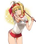  blonde_hair buruma commentary_request fate/extra fate/grand_order fate_(series) flag green_eyes gym_uniform headband highres looking_at_viewer nero_claudius_(fate) nero_claudius_(fate)_(all) olympian_bloomers tsurusaki_yuu v 