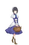  bangs basket black_hair blue_eyes blunt_bangs boots brown_footwear capelet cross-laced_footwear full_body hair_ornament highres holding holding_basket josie_rosebud lace-up_boots looking_at_viewer maid_cap makaria mole mole_under_eye official_art princess_principal princess_principal_game_of_mission short_hair smile solo standing transparent_background yarn yarn_ball 