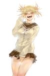  absurdres blonde_hair blush boku_no_hero_academia breasts commentary_request covering covering_crotch fangs highres large_breasts long_sleeves looking_at_viewer miniskirt nameless_(name-less-02) open_mouth school_uniform short_hair skirt solo toga_himiko yellow_eyes 