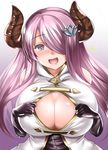 1girl bare_shoulders black_gloves blush breasts cleavage_cutout cow_girl cow_horns cube_(circussion) doraf dress elbow_gloves female gloves gradient_background granblue_fantasy hair_ornament hair_over_one_eye hairclip heart-shaped_pupils horns huge_breasts long_hair looking_at_viewer narumeia_(granblue_fantasy) open_mouth pointy_ears purple_eyes purple_hair solo standing upper_body 