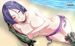  armor armored_boots arsenal beach bikini blush boots breasts choker covering covering_breasts day fate/grand_order fate_(series) gauntlets hair_between_eyes highres large_breasts long_hair looking_at_viewer lying minamoto_no_raikou_(fate/grand_order) minamoto_no_raikou_(swimsuit_lancer)_(fate) on_side outdoors purple_bikini_bottom purple_eyes purple_hair side-tie_bikini single_boot single_gauntlet smile solo swimsuit topless twitter_username 