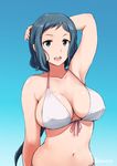  arakure arm_at_side arm_behind_head arm_up belly bikini blue_background blue_eyes blue_hair breasts cleavage collarbone commentary_request front-tie_bikini front-tie_top gradient gradient_background gundam gundam_build_fighters iori_rinko large_breasts long_hair looking_at_viewer navel open_mouth plump ponytail round_teeth simple_background solo swimsuit teeth twitter_username upper_teeth very_long_hair white_bikini 