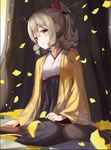 autumn_leaves black_skirt blonde_hair blue_eyes blush book boots bow brown_footwear commentary_request drill_hair eyebrows_visible_through_hair floral_print hair_bow hatakaze_(kantai_collection) headgear highres japanese_clothes kantai_collection karumayu kimono looking_at_viewer outdoors parted_lips ponytail sitting skirt solo tree wariza wide_sleeves yellow_kimono 