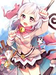  :3 :d ^_^ animal_ears arm_up bag bangs black_legwear black_skirt cat cat_ears closed_eyes commentary_request eyebrows_visible_through_hair fang grey_hair hand_up jacket leafwow long_hair looking_at_viewer merc_storia nono_(merc_storia) open_mouth over-kneehighs paw_pose pouch purple_eyes shoulder_bag silver_hair skirt smile solo staff tareme thighhighs 