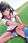  absurdres ai_(pixiv_53282) bare_legs black_eyes black_hair blurry bow breasts buruma closed_mouth collarbone cross-laced_footwear day depth_of_field dutch_angle flexible grass gym_uniform hair_bow highres horizon looking_at_viewer love_plus on_grass outdoors shoes short_sleeves small_breasts smile sneakers stretch takane_manaka white_bow 