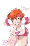  ! 1girl ;d ? breasts cleavage english green_eyes gym_shorts hairband hanging_breasts large_breasts leaning_forward looking_at_viewer motion_lines nipples no_bra nora_valkyrie one_eye_closed orange_hair rwby see-through shirt simple_background sinccubi smile solo sweat text 