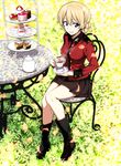  black_footwear blonde_hair blue_eyes boots braid brown_skirt cake chair cup darjeeling food full_body girls_und_panzer grass green_hair highres leaf legs looking_at_viewer military military_uniform nakahira_guy pleated_skirt short_hair sitting skirt smile solo st._gloriana's_military_uniform table tea teacup thighs tiered_tray uniform 
