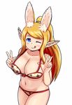  ;q animal_ears blonde_hair blue_eyes bra breasts bunny_ears cleavage collarbone commentary cowboy_shot double_v extra_ears eyebrows_visible_through_hair floral_print highres huge_breasts long_hair looking_at_viewer nav navel one_eye_closed paladin_(sekaiju) panties pointy_ears ponytail print_bra print_panties sekaiju_no_meikyuu simple_background solo tongue tongue_out underwear underwear_only v white_background 