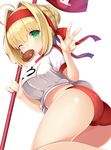  ass bangs blonde_hair blush braid bread bread_eating_race buruma eyebrows_visible_through_hair fate/grand_order fate_(series) flag food french_braid green_eyes gym_shirt gym_uniform hair_bun hair_intakes hairband holding holding_flag looking_at_viewer looking_back mouth_hold name_tag nero_claudius_(fate) nero_claudius_(fate)_(all) olympian_bloomers one_eye_closed red_buruma shirt short_sleeves sidelocks simple_background solo thighs tied_shirt white_background white_shirt yuzu-aki 