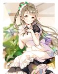  ancotaku apron artist_name bangs black_ribbon blurry blurry_background blush bow brown_eyes commentary_request dress frilled_apron frills green_bow grey_hair hair_bow hands_on_own_chest heart long_hair looking_at_viewer love_live! love_live!_school_idol_project maid maid_headdress minami_kotori neck_ribbon one_side_up ribbon short_sleeves sitting smile solo white_apron 