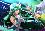  alternate_costume alternate_hair_color armlet breasts character_name closed_eyes gloves green_hair hair_ornament hands_together highres horn league_of_legends long_hair magical_girl medium_breasts niu pointy_ears skirt solo soraka staff star_guardian_soraka very_long_hair white_gloves white_wings wings 