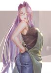  absurdres adjusting_clothes apron ass bare_arms black-framed_eyewear breasts commentary_request cowboy_shot denim fate/stay_night fate_(series) glasses hair_intakes highres jeans large_breasts long_hair looking_at_viewer looking_back open_mouth pants ponytail purple_hair rider rolua sleeveless solo teeth twisted_torso two-tone_background very_long_hair yellow_eyes 
