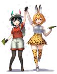  :d animal_ears arm_up armpits backpack bag bare_shoulders black_gloves black_legwear commentary_request elbow_gloves gloves green_eyes green_hair hair_between_eyes hat hat_feather helmet high-waist_skirt highres holding holding_hands kaban_(kemono_friends) kemono_friends looking_at_viewer multiple_girls open_mouth pantyhose pantyhose_under_shorts paper_airplane pith_helmet print_legwear print_neckwear print_skirt red_shirt serval_(kemono_friends) serval_ears serval_print shirt shoes short_hair shorts skirt sleeveless sleeveless_shirt smile tadano_magu thighhighs white_shirt yellow_eyes 