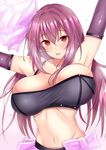  armpits arms_up bare_shoulders blush bra breasts cheerleader detached_sleeves fate/grand_order fate_(series) highres huge_breasts large_breasts long_hair looking_at_viewer navel open_mouth pom_poms purple_hair red_eyes ribbon sankakusui scathach_(fate)_(all) scathach_(fate/grand_order) simple_background skirt sleeveless solo sweat underwear 
