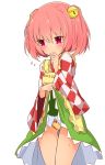  1girl apron bell checkered checkered_kimono checkered_shirt commentary_request embarrassed flying_sweatdrops green_skirt hair_bell hair_ornament hand_to_own_mouth highres inon japanese_clothes jingle_bell kimono lifted_by_self motoori_kosuzu panties pink_eyes pink_hair shirt short_hair simple_background skirt skirt_lift solo thigh_gap touhou two_side_up underwear white_background yellow_panties 