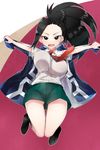  absurdres black_eyes black_hair blush boku_no_hero_academia bouncing_breasts breasts collared_shirt full_body highres horaizonu jacket jumping large_breasts long_hair looking_at_viewer md5_mismatch multicolored multicolored_background necktie open_mouth outstretched_arms pleated_skirt ponytail red_neckwear school_uniform shirt short_sleeves skirt smile solo spread_arms teeth track_jacket u.a._school_uniform unaligned_breasts yaoyorozu_momo 